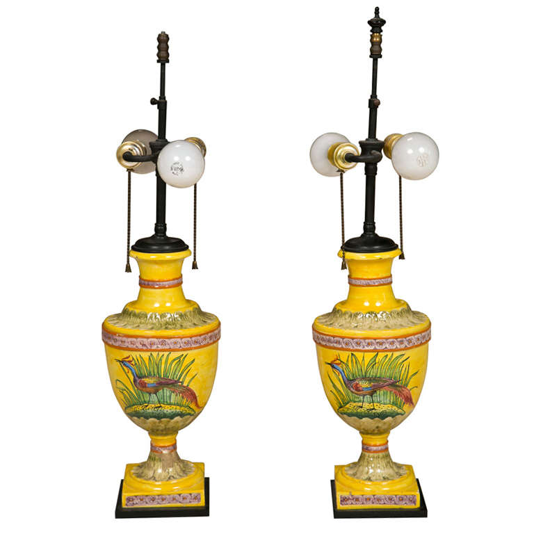Pair of Italian Faience Urn Style Lamps
