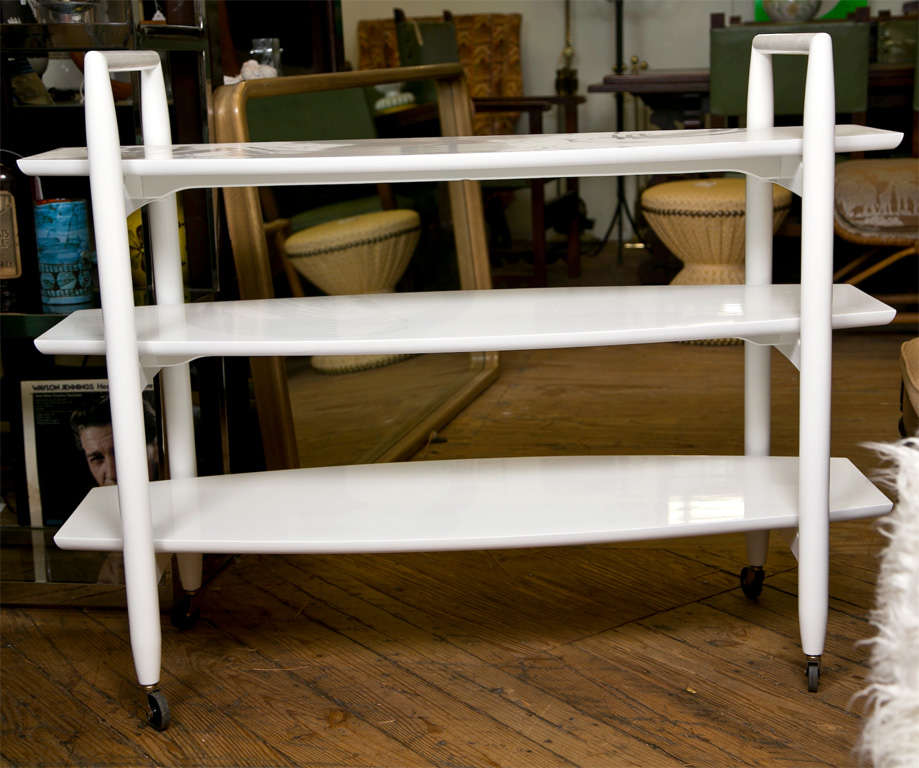 Mid Century White  Lacquer  Serving Etegere  On Wheels