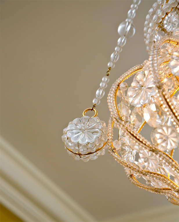 Mid-20th Century Small Chandelier with Glass Beads and Rosettes For Sale