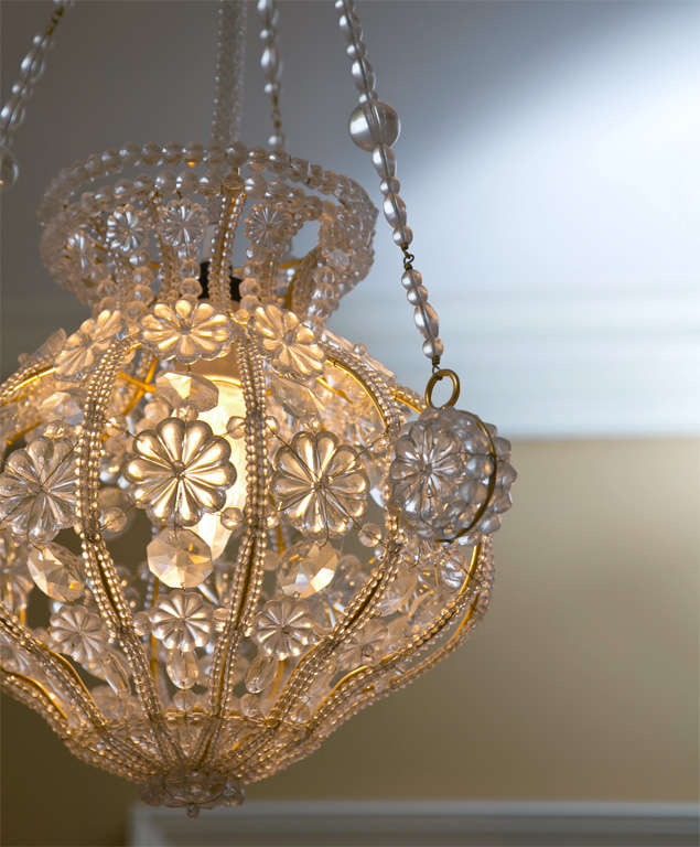 Brass Small Chandelier with Glass Beads and Rosettes For Sale