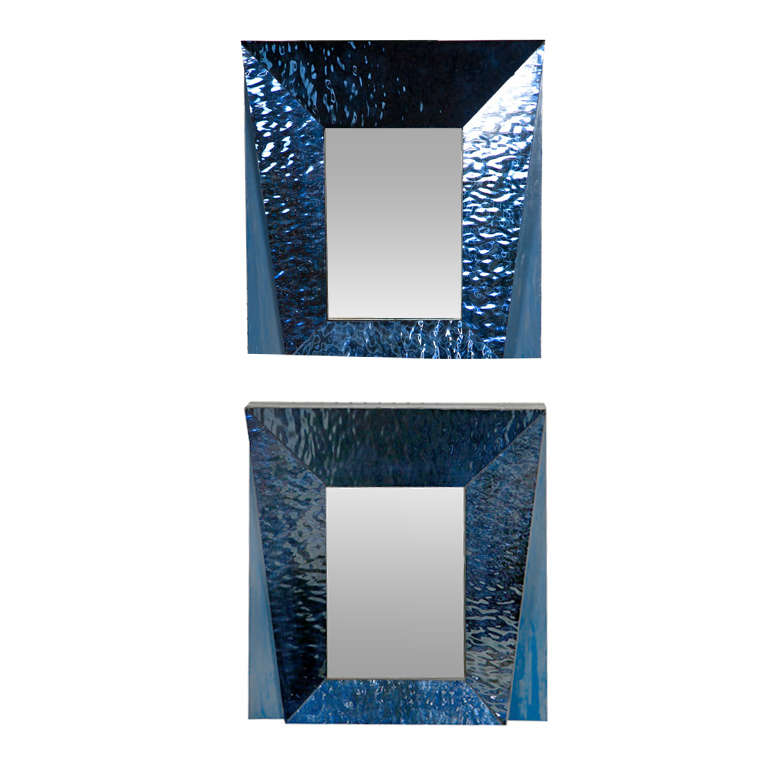 Pair of Modern Blue Waterglass Framed Mirrors For Sale