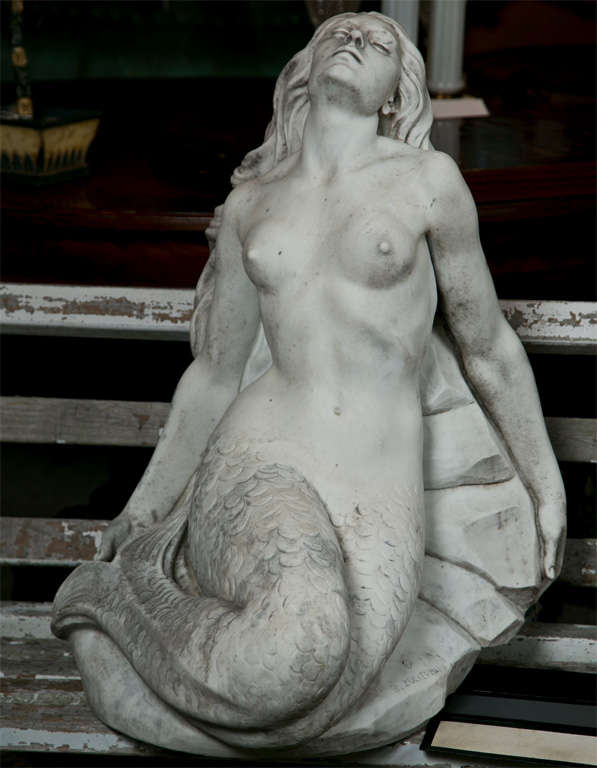 Mid Century Carrara marble carving of mermaid carved in Carrara  Italy.