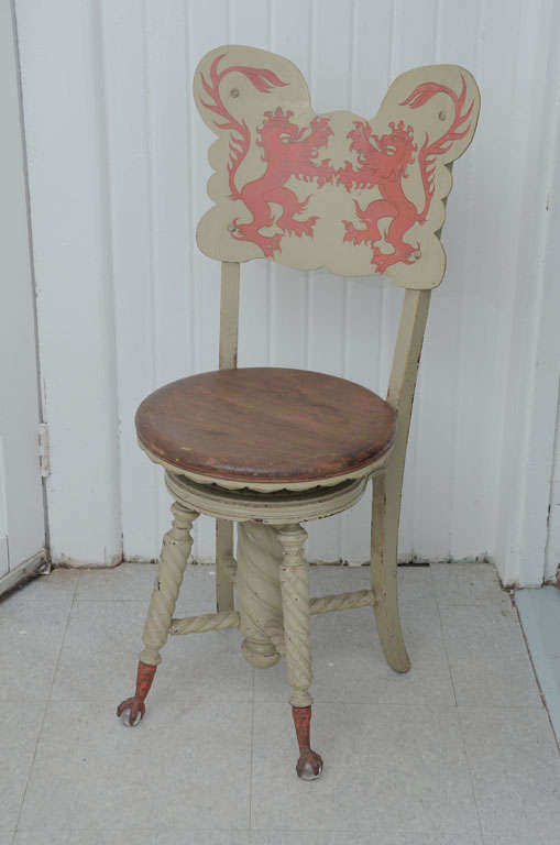 Very rare antique wood musician chair or stool from a small French provincial theater or from Napoleonic campaign's parade. Seat height adjustable with screw. Metal tip bracket rooster on front feet.