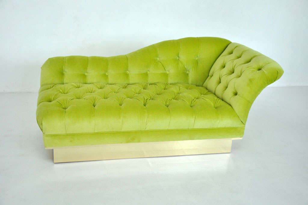 Pair of Hollywood Regency chaise lounge sofas.  Bright green velvet on brass bases.  One left arm chaise, and one right arm chaise.

**Priced individually.  $3,500 each.