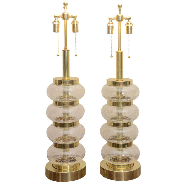 Pair Of Large Crackle Glass Lamps