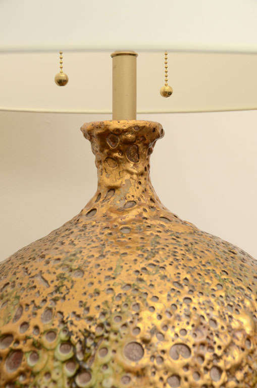 Brass Pair Of Dramatic Volcanic Glazed Ceramic Lamps
