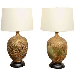 Pair Of Dramatic Volcanic Glazed Ceramic Lamps