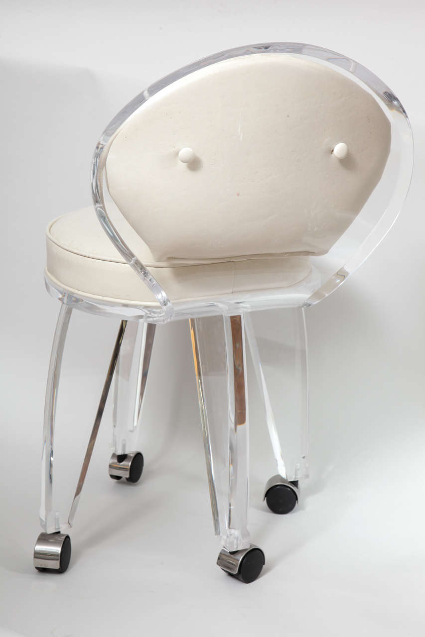 Lucite Upholstered Rolling Swivel Vanity Chair In Excellent Condition In New York, NY