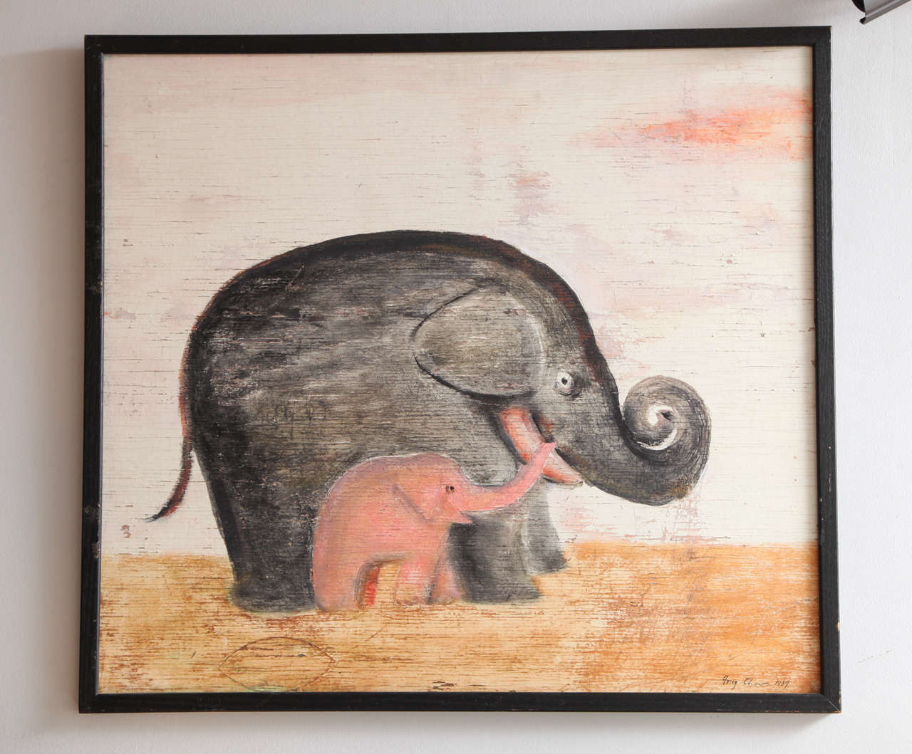 A charming painting by Fong Chow of a mother elephant and her pink baby.