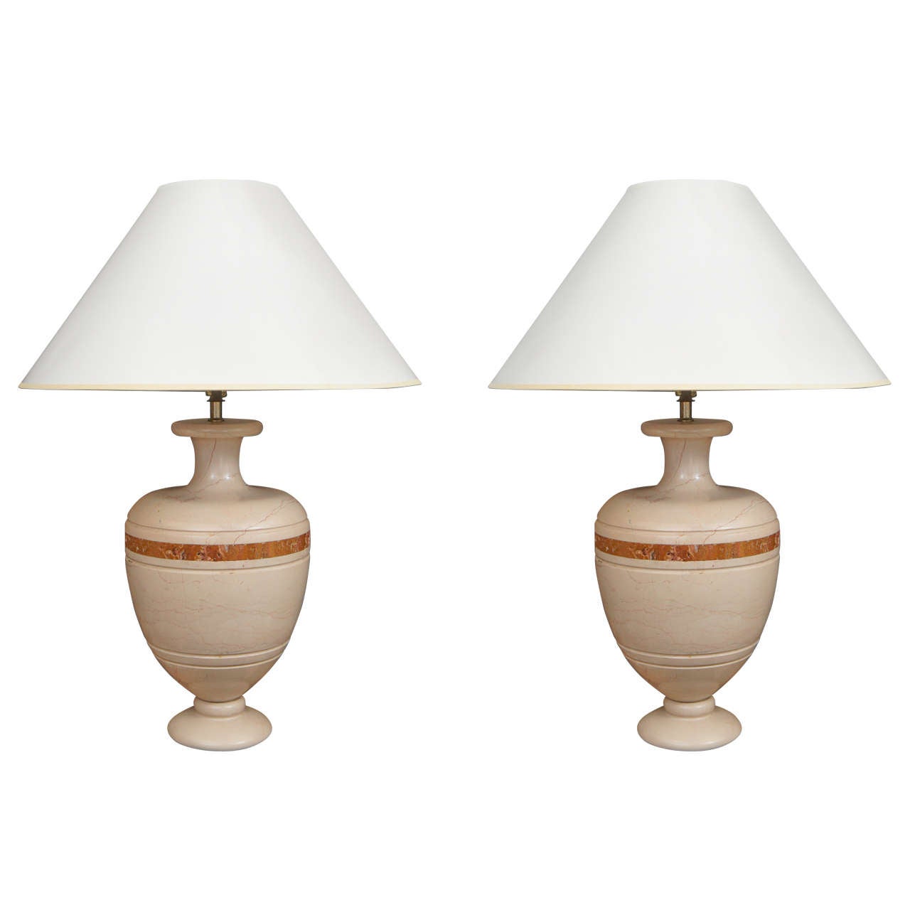 Pair of Italian Carved Travertine  and Marble Inlaid Vintage Table Lamps For Sale