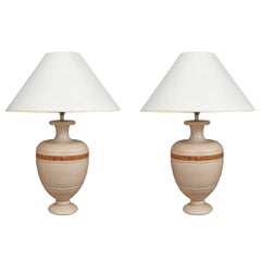 Pair of Italian Carved Travertine  and Marble Inlaid Vintage Table Lamps