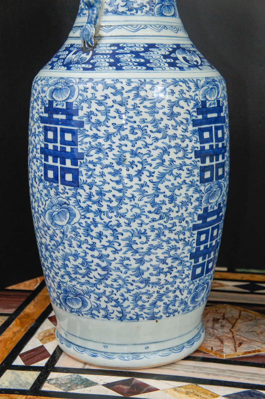 20th Century Pair of  Porcelain Blue and White Double Happiness Chinese Vases