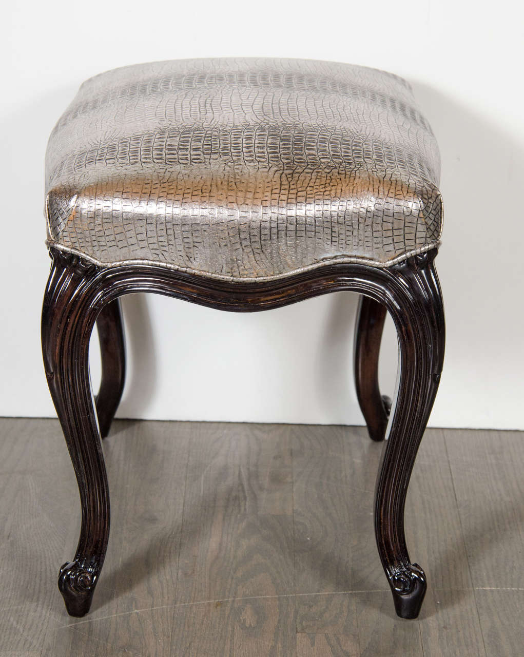 Elegant Hollywood Regency Cabriole Style Stool in Metallic Faux Crocodile In Excellent Condition In New York, NY