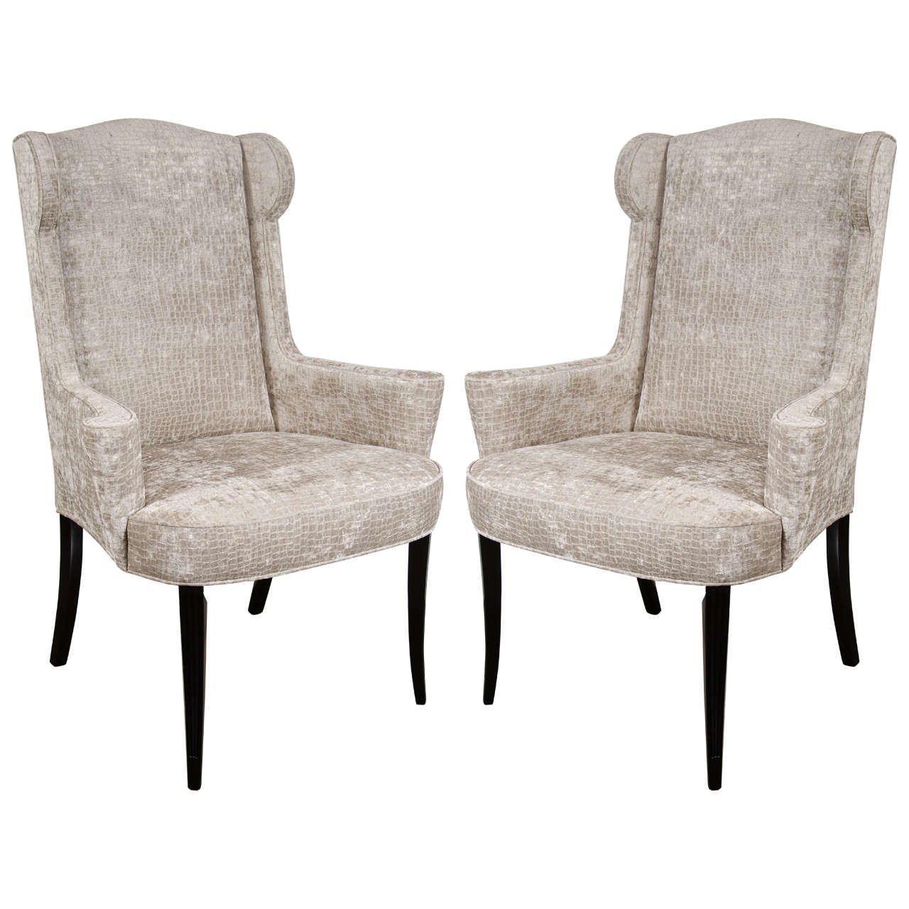 Pair of Mid-Century Modernist Scroll-Arm Wingback Chairs in Crocodile Velvet