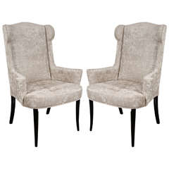 Pair of Mid-Century Modernist Scroll-Arm Wingback Chairs in Crocodile Velvet