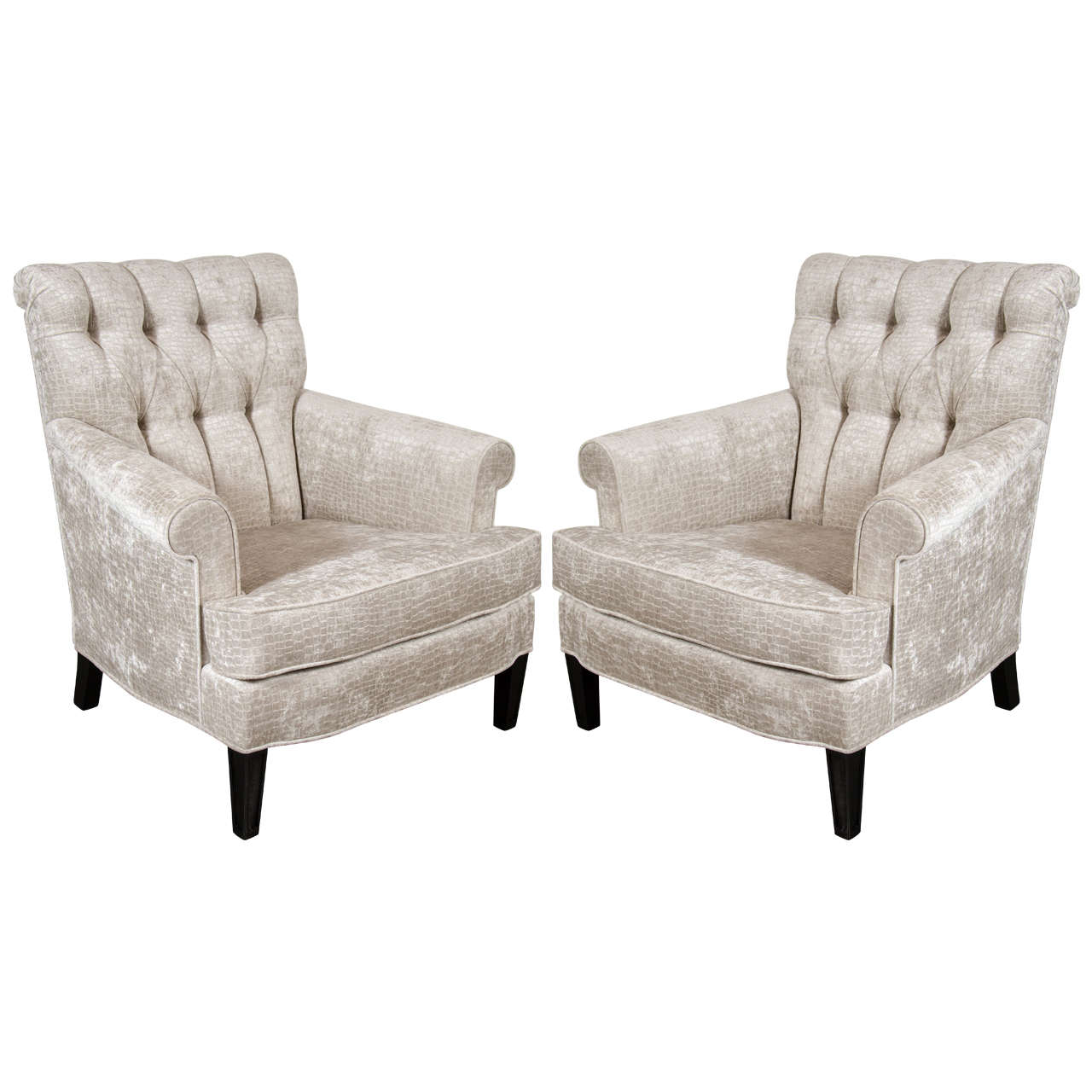 Pair of Mid-Century Tufted Back Scroll-Arm Club Chairs in Crocodile Velvet