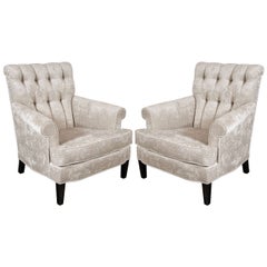 Pair of Mid-Century Tufted Back Scroll-Arm Club Chairs in Crocodile Velvet