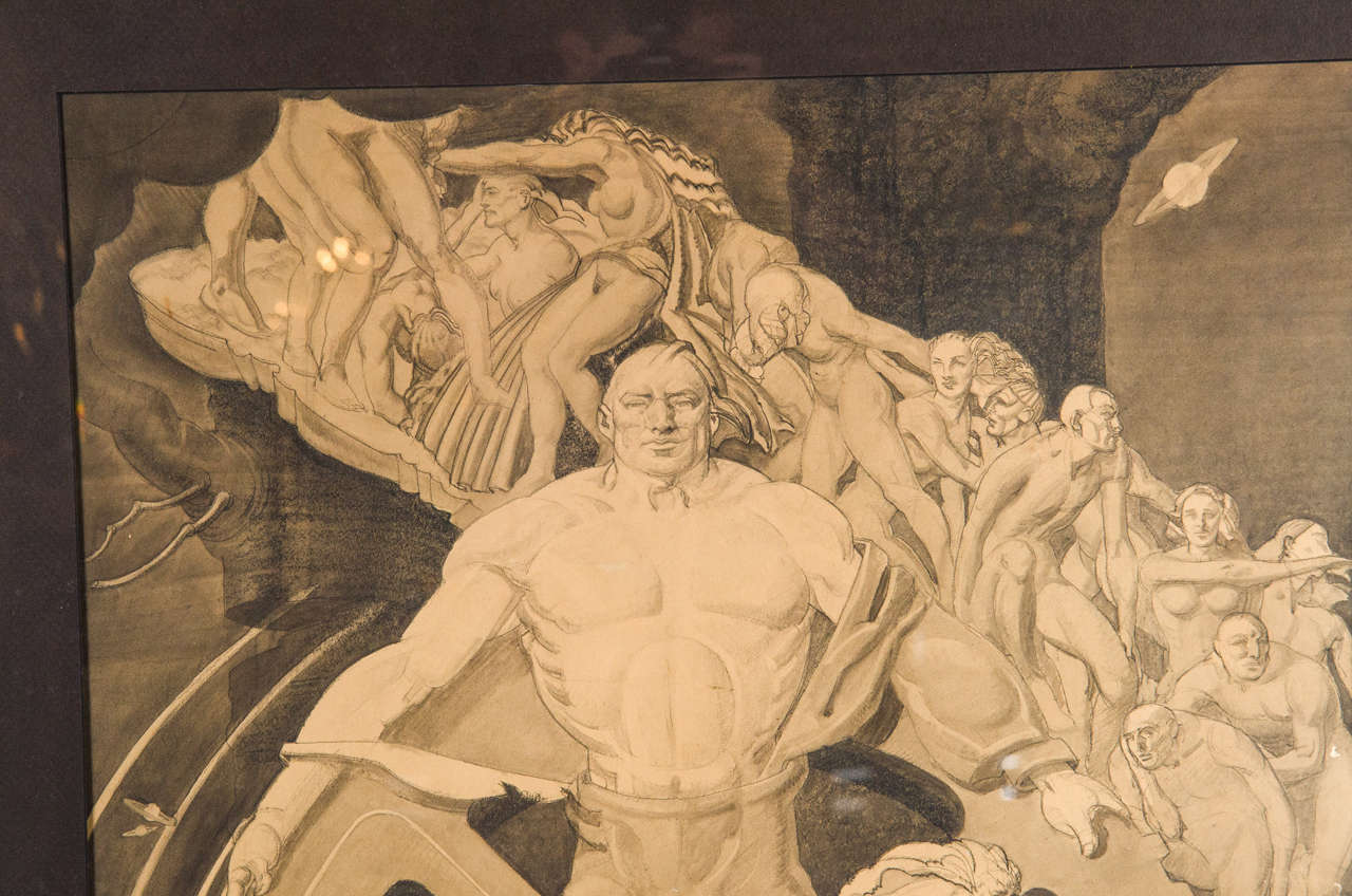 American Art Deco WPA Mural Study of Man in Front of Giant Cog by Frank Reilly