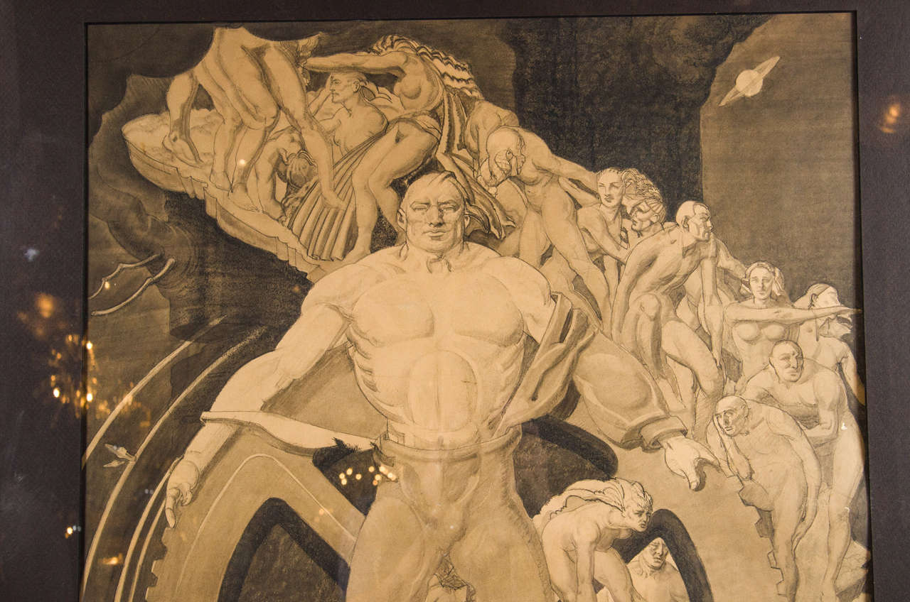 Art Deco WPA Mural Study of Man in Front of Giant Cog by Frank Reilly 2