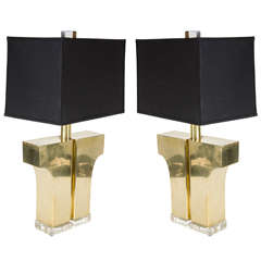 Pair of Mid-Century Modernist Brass Table Lamps in the Manner of Pierre Cardin