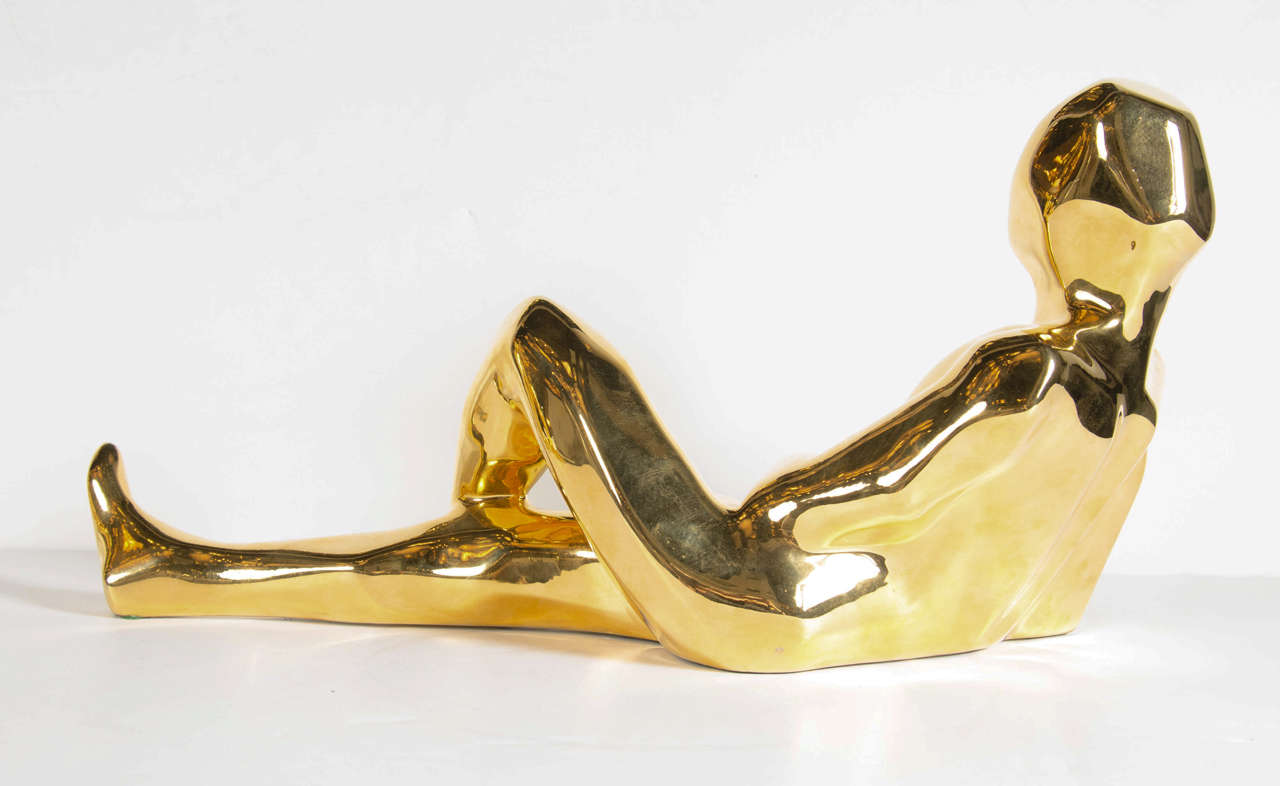 Modernist Ceramic Gold-Plated Reclining Man Sculpture by Jaru In Excellent Condition For Sale In New York, NY