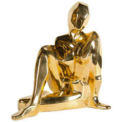 Mid-Century Modernist Ceramic Gold-Plated Crouching Woman Sculpture by Jaru