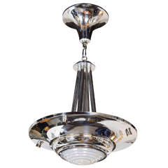 Art Deco Machine Age Chromed Chandelier with Skyscraper Style Glass Insert