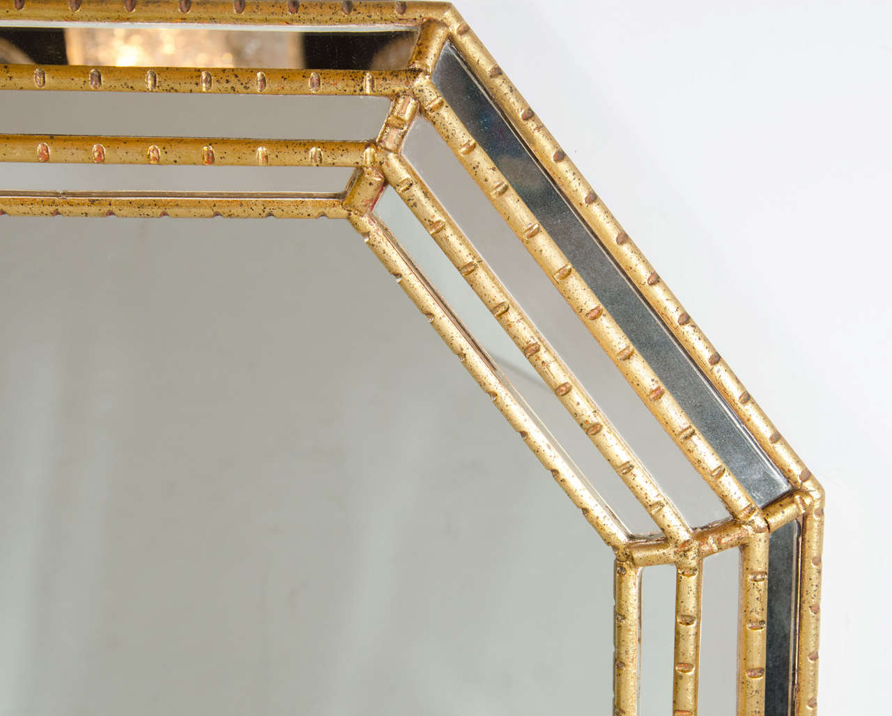 Mid-Century Modern Octagonal Mirror with Gilt Geometric Stylized Bamboo Frame In Excellent Condition In New York, NY