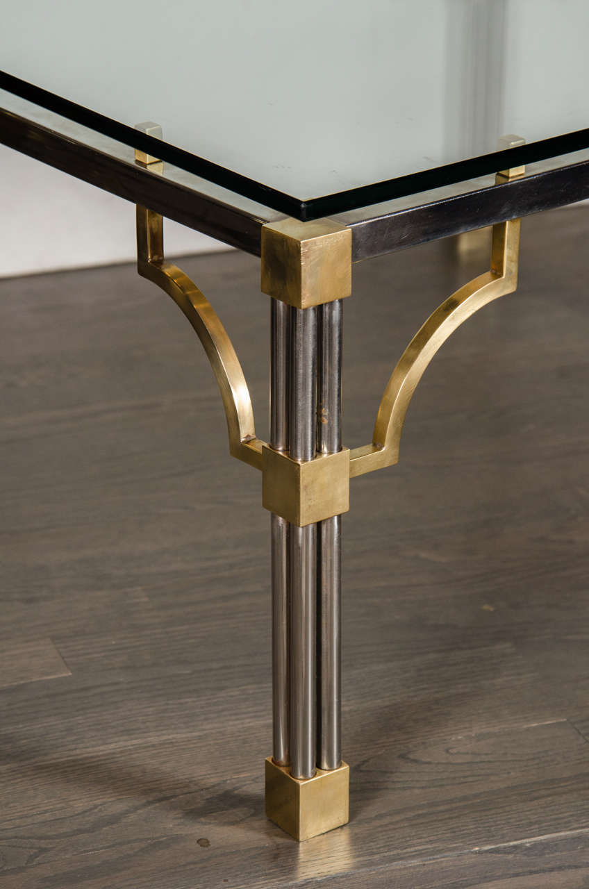 American Mid-Century Modern Brushed Nickel and Brass Cocktail Table by John Vesey For Sale