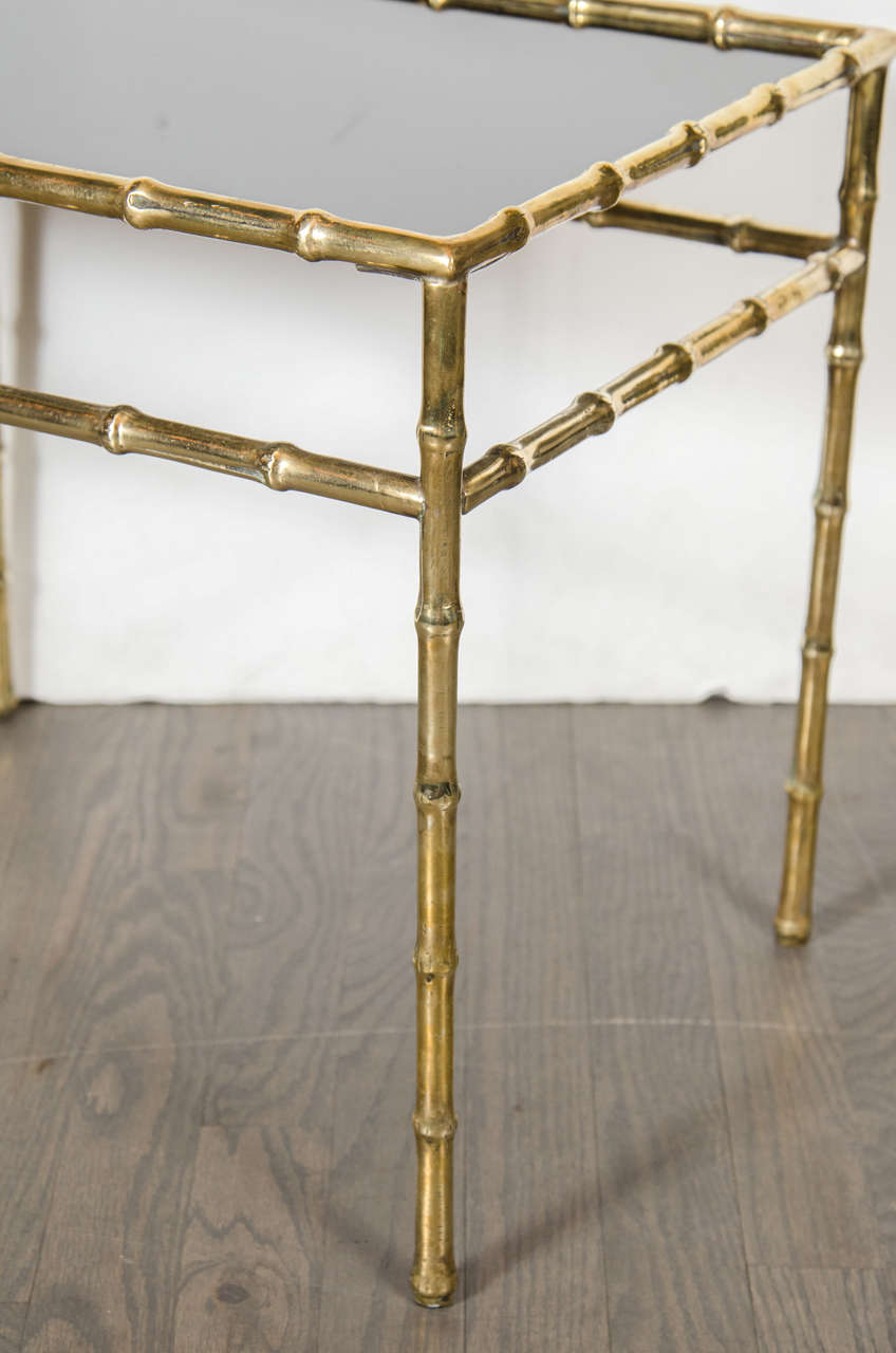 Elegant Bamboo Style Brass Side Table with Inset Vitrolite Glass Top at