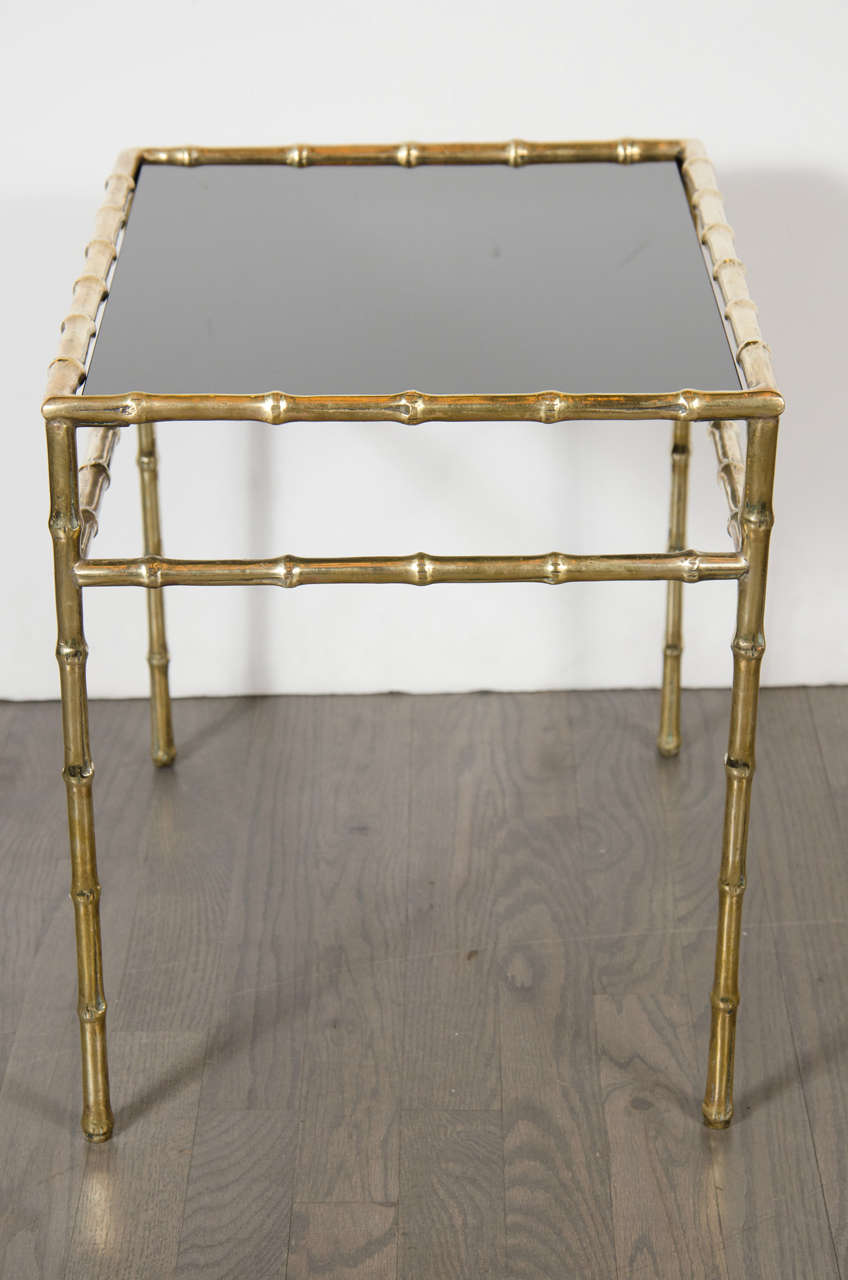 Elegant Bamboo Style Brass Side Table with Inset Vitrolite Glass Top at