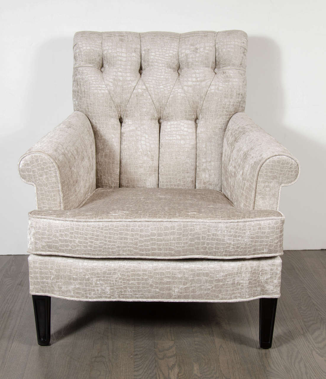 Pair of MidCentury Tufted Back ScrollArm Club Chairs in Crocodile Velvet For Sale at 1stdibs Pair of MidCentury Tufted Back ScrollArm Club Chairs in Crocodile Velvet For Sale at 1stdibs