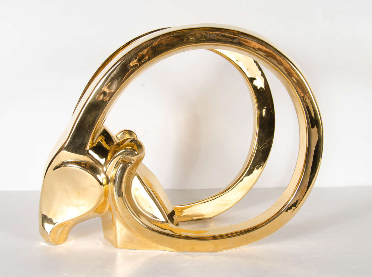 MidCentury Modernist Ceramic, Gold Plated Ibex Head Sculpture by Jaru