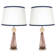 Pair of Murano Glass Lamps with Spiral Details in Aubergine
