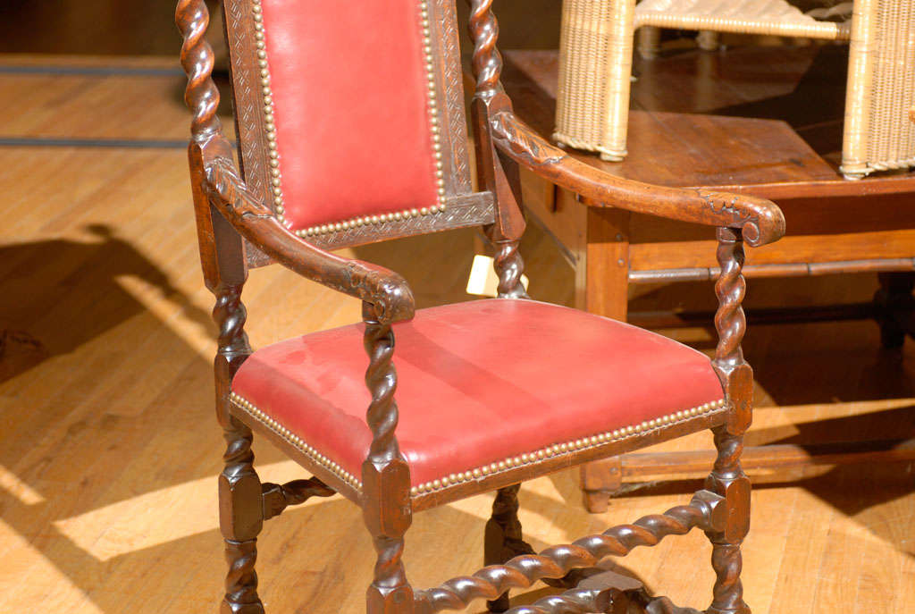 Leather Turn of the Century English Carved Library Chair For Sale