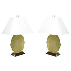 Pair of Geometric Frosted Sea Green Resin and Chrome Lamps