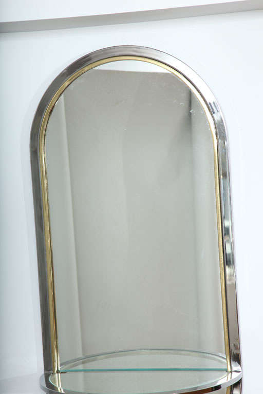 Mid-Century Modern Designer Elongated Oval Chrome and Brass Mirror with Glass Shelf
