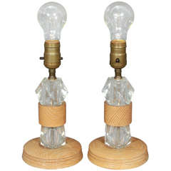 Retro Pair Of Cerused Oak And Faceted Glass Boudoir Lamps