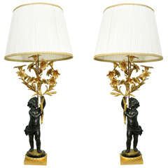 Pair Of Exceptional Bronze Cherubs Mounted As Lamps By Beurdeley