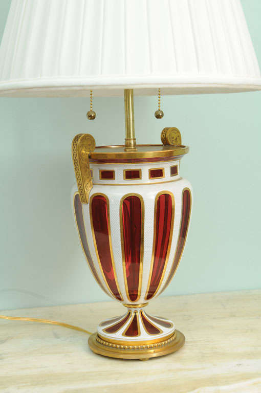 Pair Of Ruby Red  And White Opaline Bohemian Lamps Circa 1860 In Excellent Condition In Palm Beach, FL