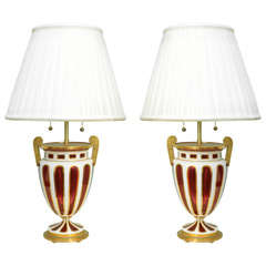 Antique Pair Of Ruby Red  And White Opaline Bohemian Lamps Circa 1860