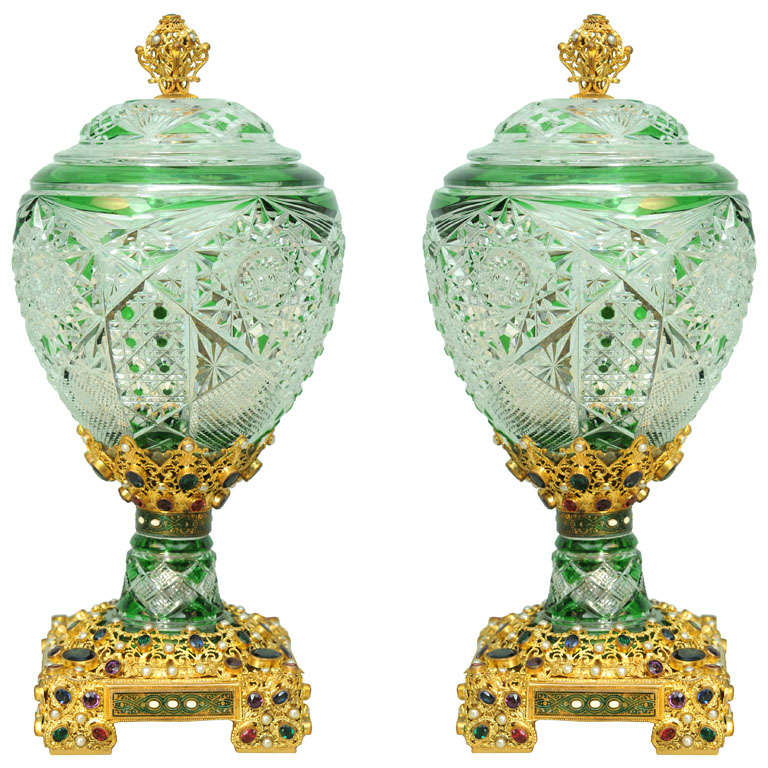 Pair Of Deeply Carved Emerald Glass Globe Lights By Baccarat