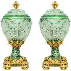 Antique Pair Of Deeply Carved Emerald Glass Globe Lights By Baccarat