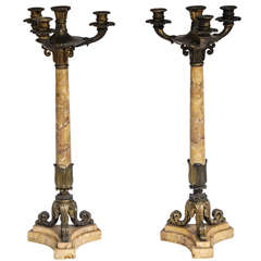 Pair of Sienna Marble and Bronze Candelabras
