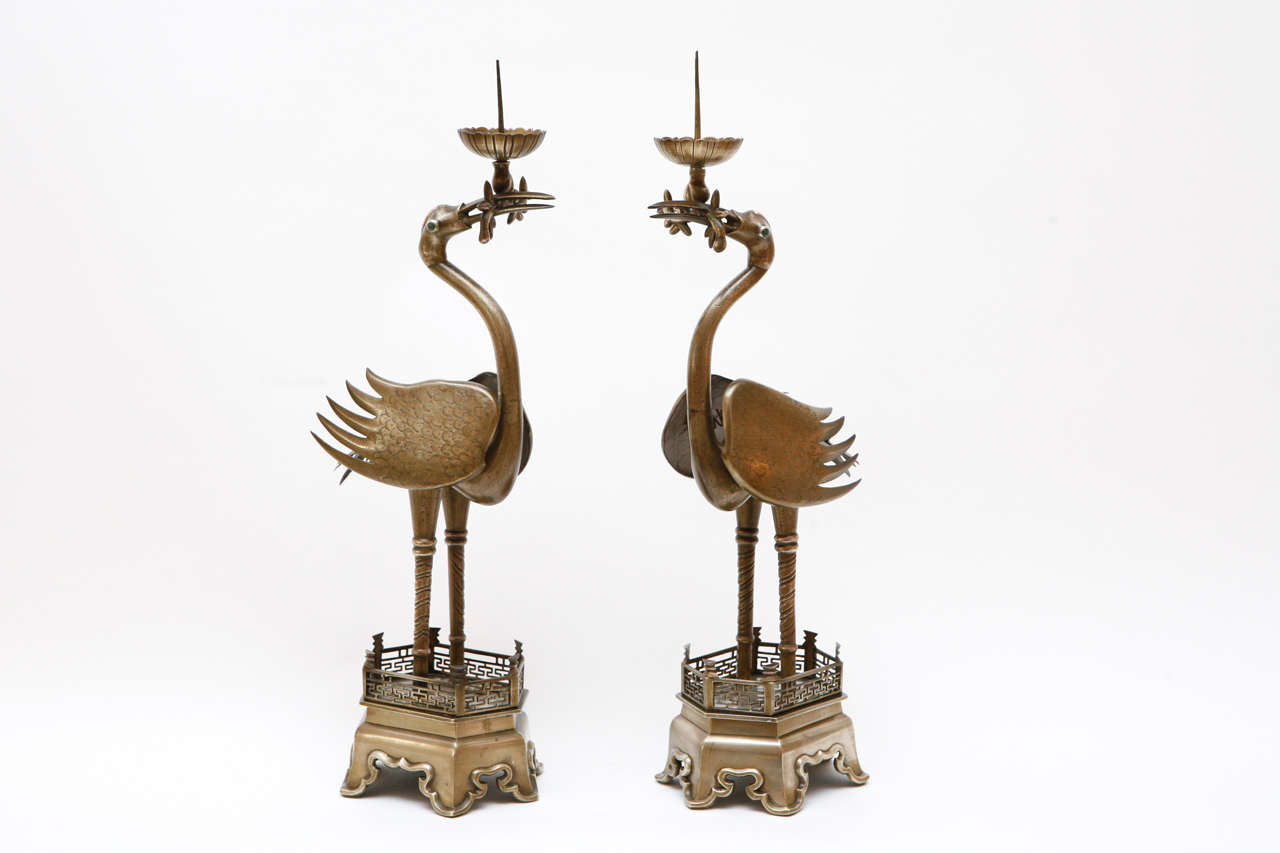 Pair of Chinese Crane Candleholders