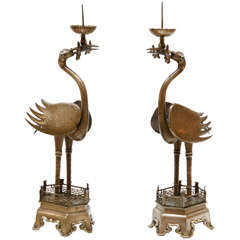 Antique Pair of Chinese Crane Candleholders