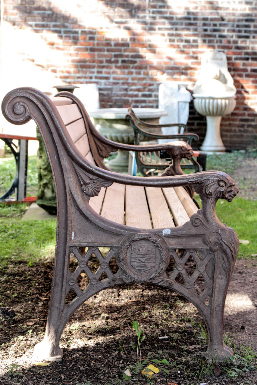 Cast Iron Bench with Lion Head Arms For Sale at 1stdibs