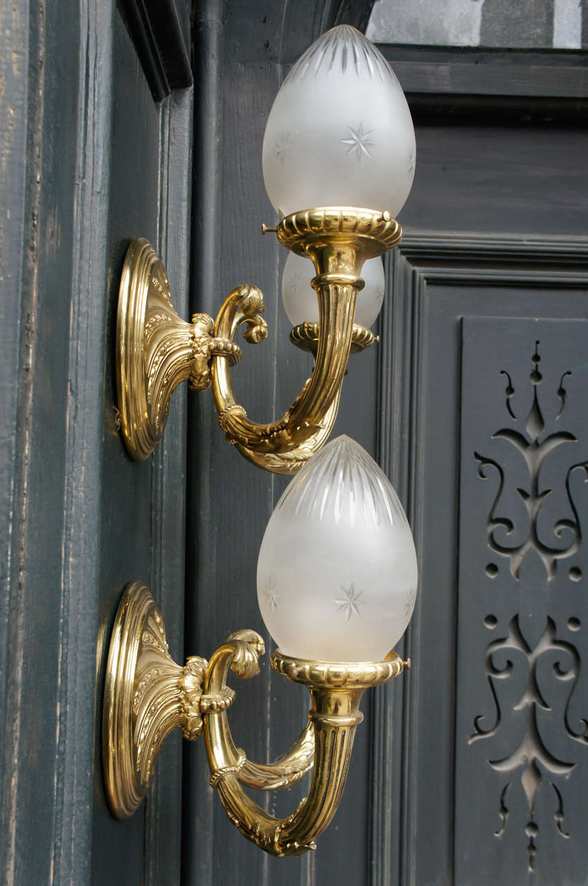 Pair of Cast Bronze and Glass French Sconces 2