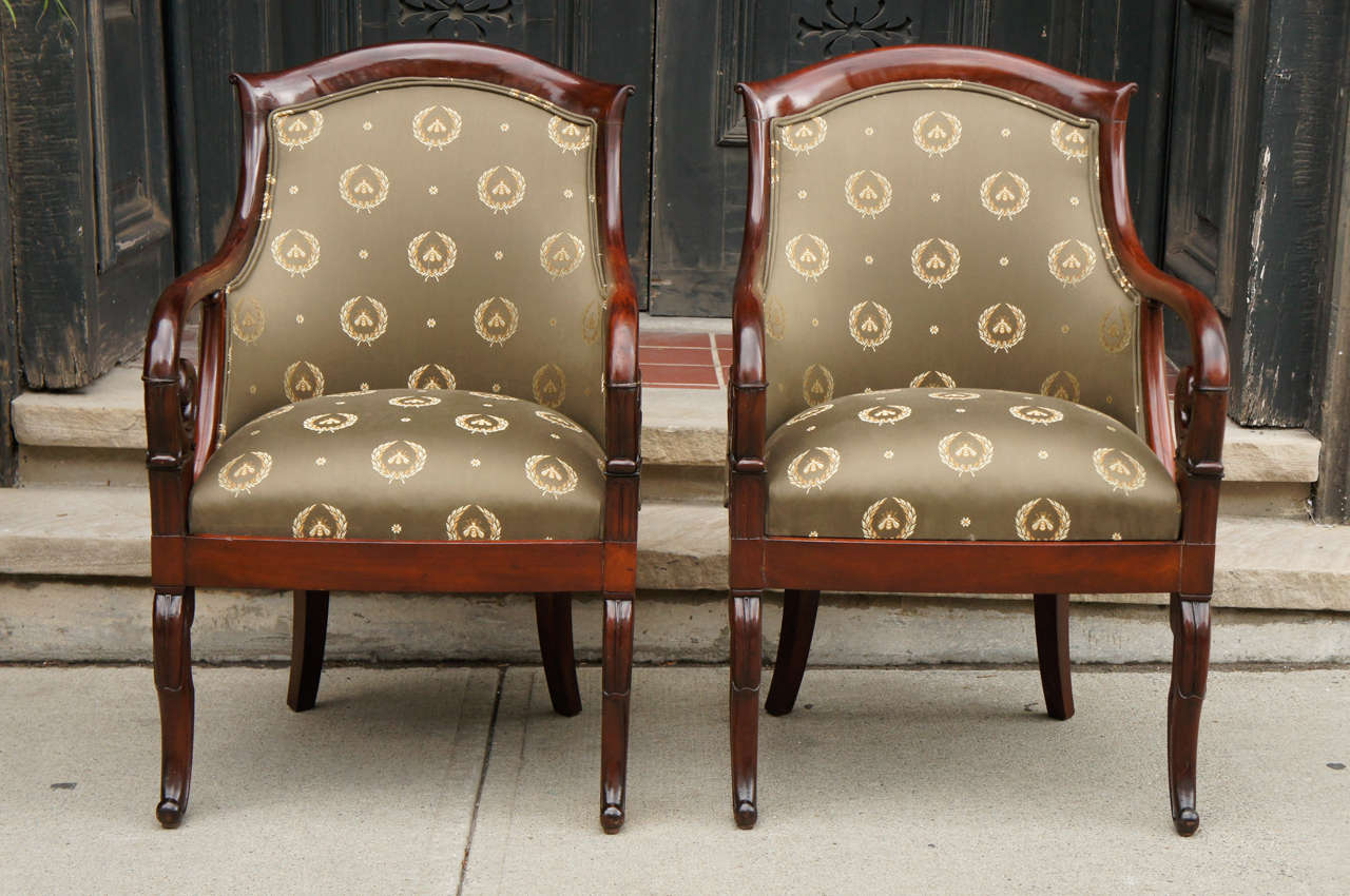 This fine and important pair of chairs by Joseph Pierre Francois Jeanselme are made from mahogany and are fully stamped twice on each seat rail. The firm and creator used the particualr stamp on thses chairs from 1840 to 1853 which was during the