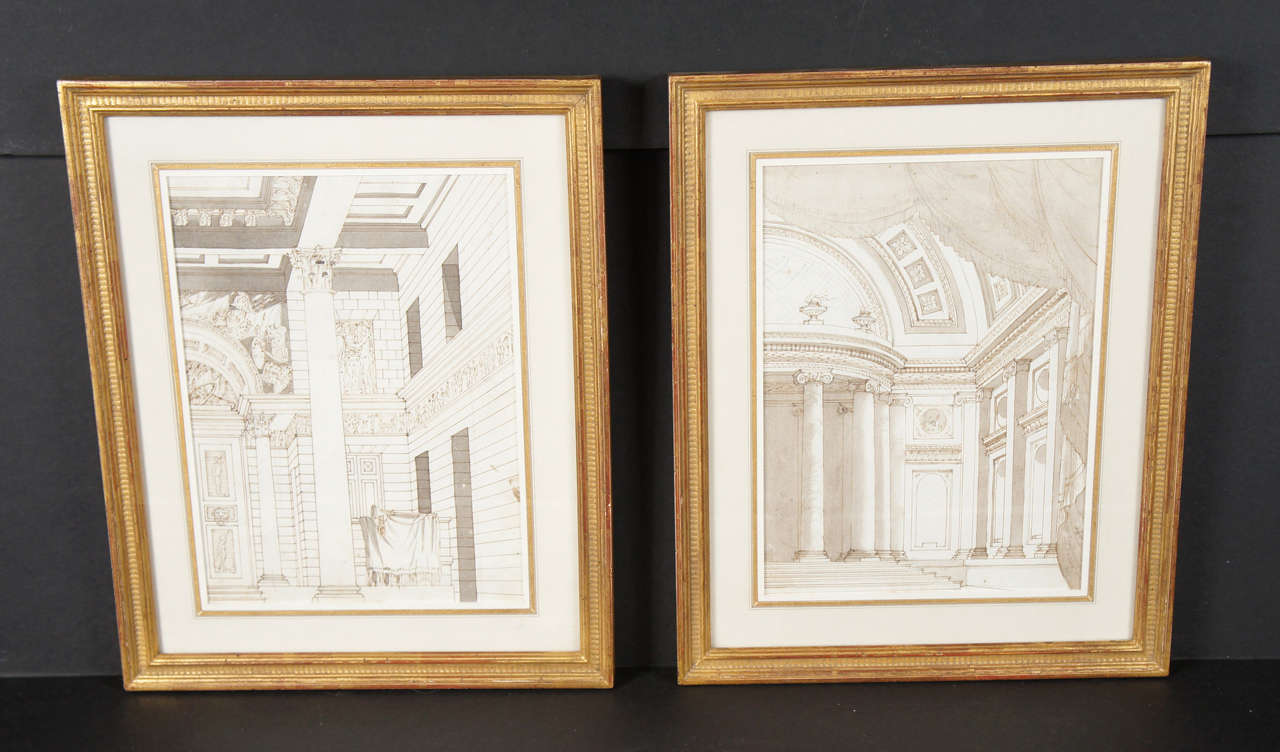 This very good pair of 19th century pen & ink drawings higlighted with ink wash are of classical interiors. The work  is accomlished showing  great tecnical craftsmenship. The pair are detailed yet do not seem fussy or overy imbelished. Framed in